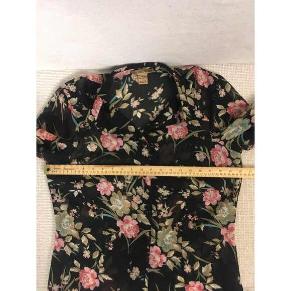 Notation Top Women Size L Black w Pink Blue Flowers Button Down Sheer Blouse - Picture 7 of 11